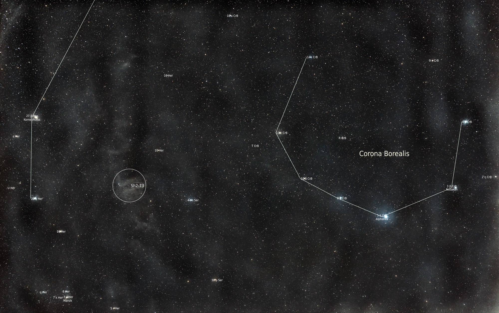 The dust cloud Sh2-73 illuminated by the light of the Milky Way between the constellations Hercules (top left) and the northern crown (Corona Borealis)